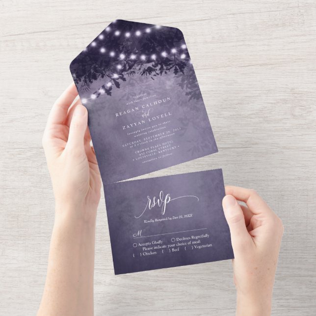 Rustic Purple Tree String Lights Wedding All In One Invitation (Tearaway)