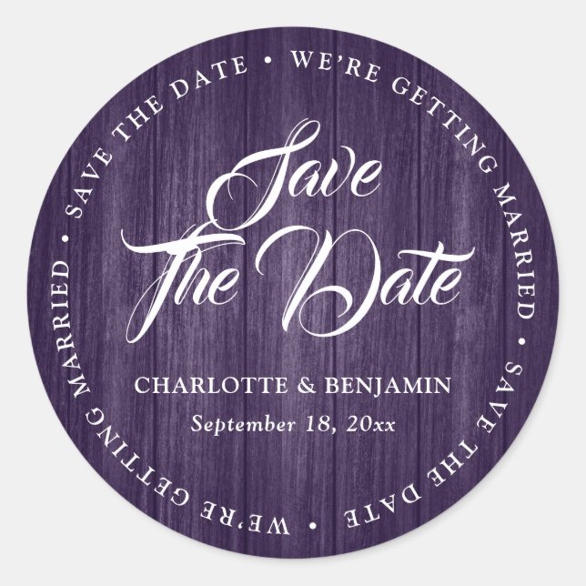Rustic Purple Typography Wedding Save The Date Classic Round Sticker (Front)