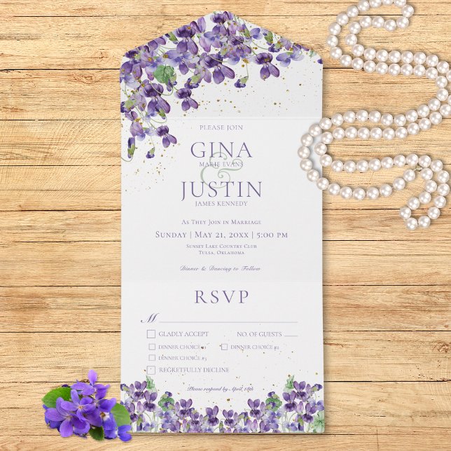 Rustic Purple Violets Gold Sparkle Dinner Wedding All In One Invitation (Rustic Purple Watercolor Violets All In One Dinner Wedding Invitation)