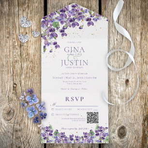 Rustic Purple Violets Gold Sparkle QR Code All In One Invitation