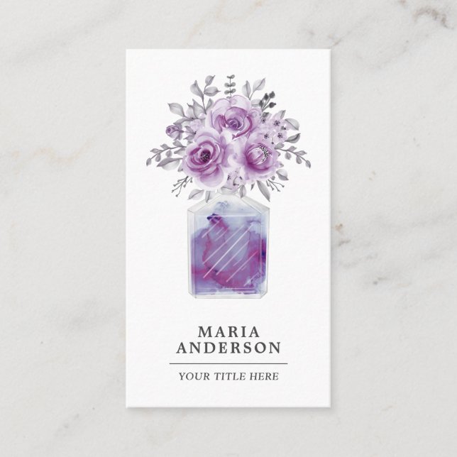 Rustic Purple Watercolor Floral Perfume Bottle Business Card (Front)