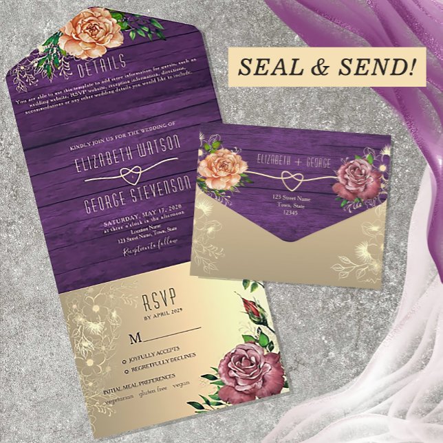 Rustic Purple Watercolor Floral Wedding All In One Invitation (Creator Uploaded)