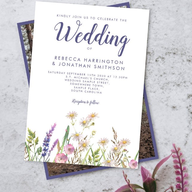 Rustic Purple Watercolor Wildflower Photo Wedding Invitation (Creator Uploaded)