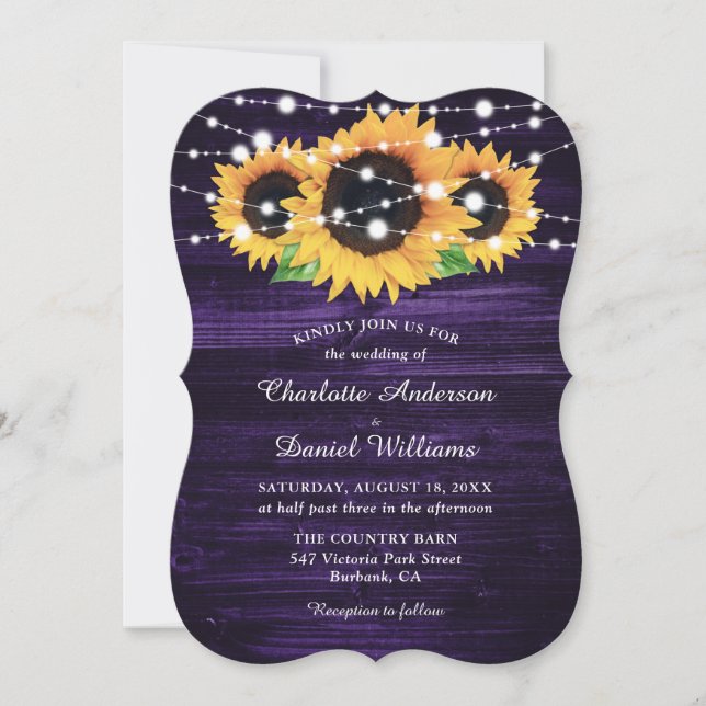 Rustic Purple Wood and Sunflower Wedding Invitation (Front)