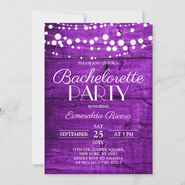 Rustic Purple Wood Bachelorette Party Invitation (Front)