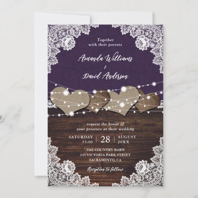 Rustic Purple Wood Burlap Lace Wedding Invitation (Front)