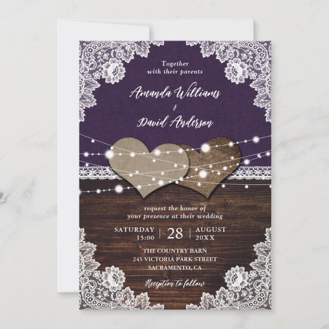 Rustic Purple Wood Burlap Lace Wedding Invitation (Front)