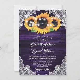 Rustic Purple Wood Floral Lace Sunflower Wedding Invitation