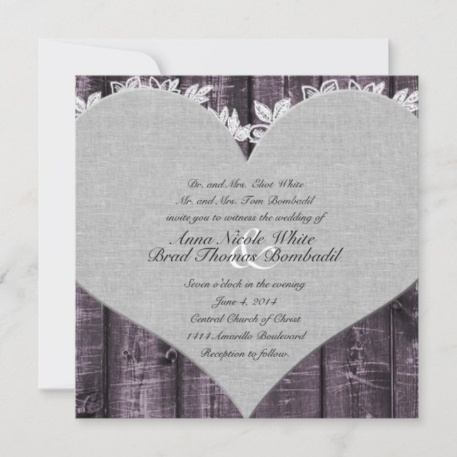 Rustic Purple Wood Heart Wedding Invitation (Front)