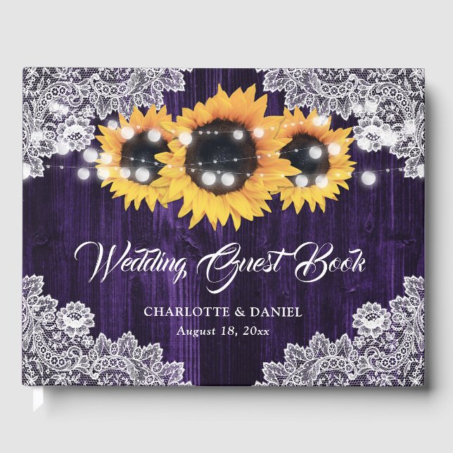 Rustic Purple Wood Lace Sunflower Wedding Guest Book (Front)