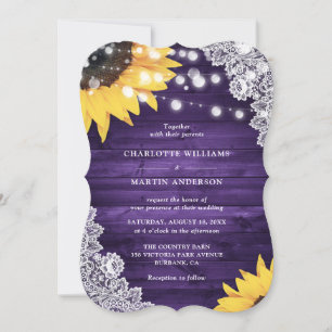 Rustic Purple Wood Lace Sunflower Wedding Invitation