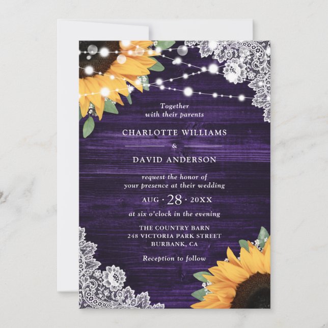 Rustic Purple Wood Lace Sunflower Wedding Invitation (Front)