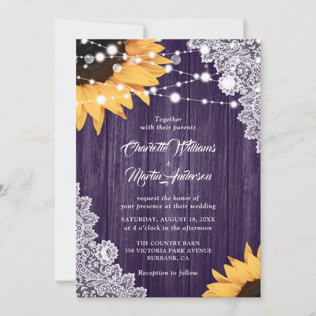 Rustic Purple Wood Lace Sunflower Wedding Invitation (Front)