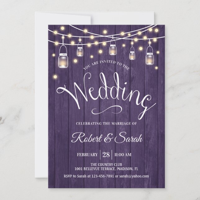 Rustic Purple Wood & Lights Wedding Invitation (Front)