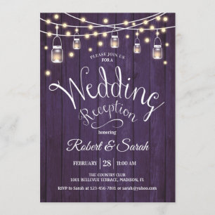 Rustic Purple Wood & Lights Wedding Reception Invitation