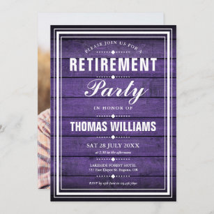 Rustic Purple Wood Panels Photo Retirement Party Invitation