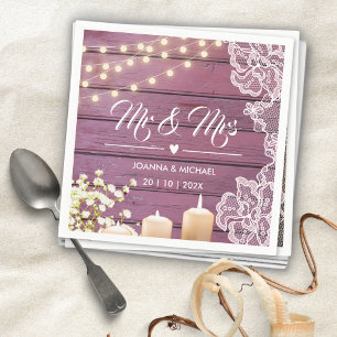 Rustic Purple Wood String Lights Lace Mr and Mrs Napkin