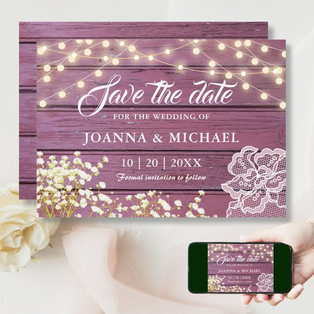 Rustic Purple Wood String Lights & Lace Save The Date (Creator Uploaded)