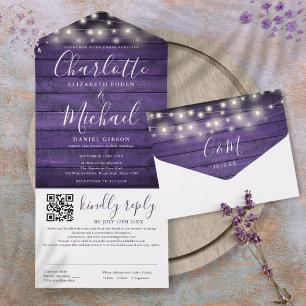 Rustic Purple Wood String Lights QR Code Wedding All In One Invitation