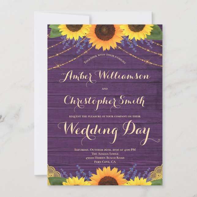 Rustic Purple Wood String Lights Sunflower Wedding Invitation (Front)