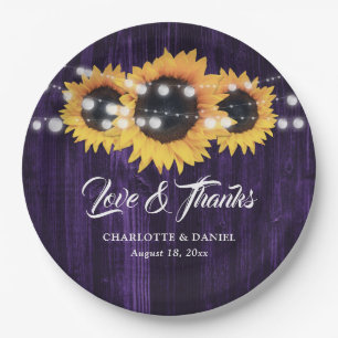 Rustic Purple Wood String Lights Sunflower Wedding Paper Plate