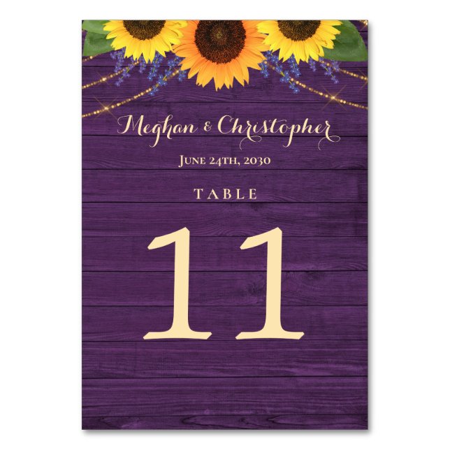 Rustic Purple Wood String Lights Sunflower Wedding Table Number (Front)