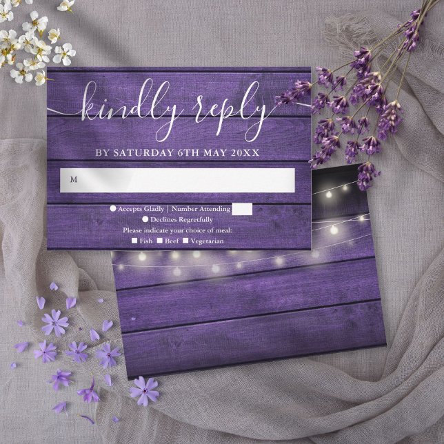 Rustic Purple Wood String Lights Wedding RSVP Card (Rustic Purple Wood String Lights Wedding RSVP Card)