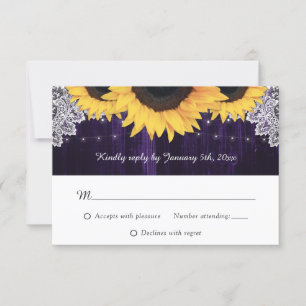 Rustic Purple Wood Sunflower Wedding RSVP Cards