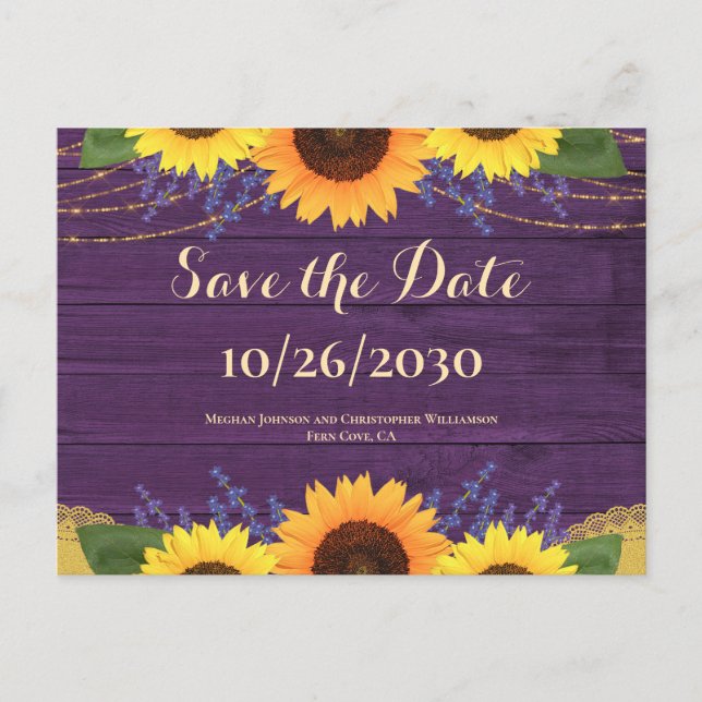 Rustic Purple Wood Sunflower Wedding Save the Date Postcard (Front)