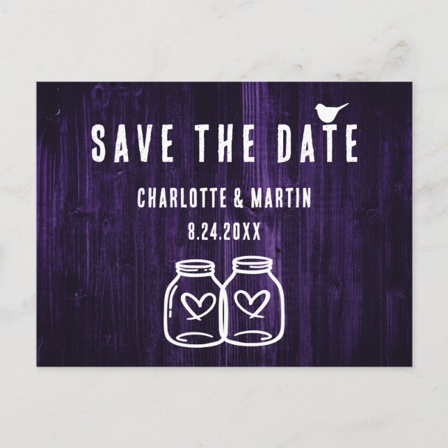 Rustic Purple Wood Wedding Save The Date Postcard (Front)