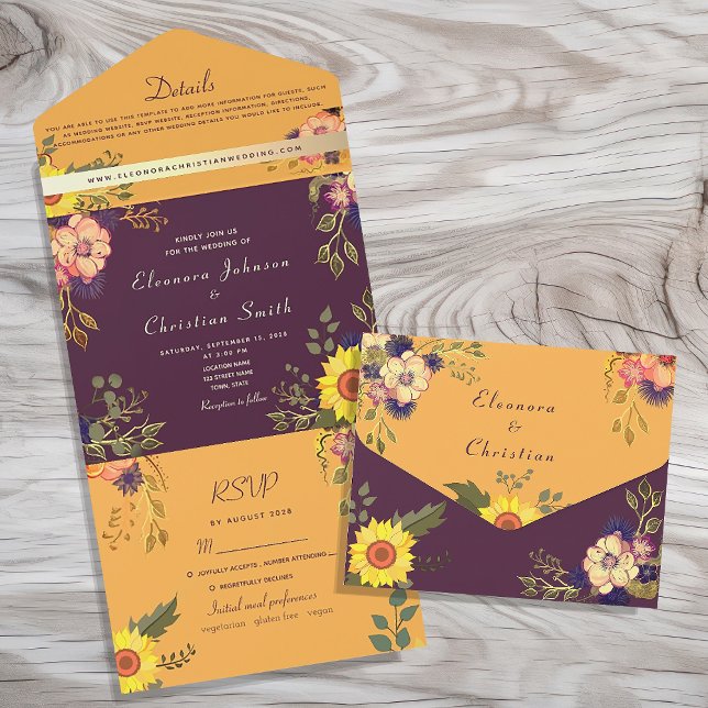 Rustic Purple Yellow Floral Wedding All In One Invitation (Creator Uploaded)