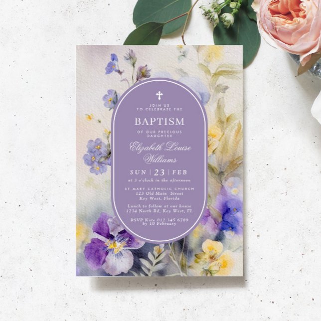 Rustic Purple & Yellow Flowers Elegant Baptism Invitation (Creator Uploaded)