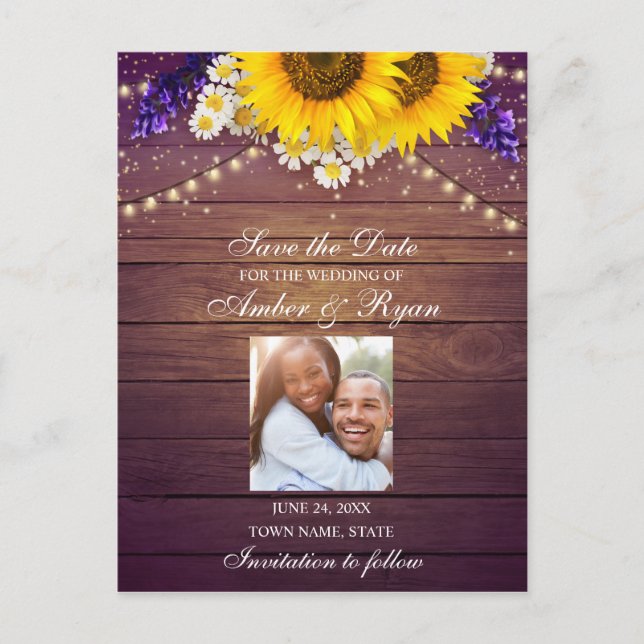 Rustic Purple Yellow Sunflower Floral Barn Photo Announcement Postcard (Front)
