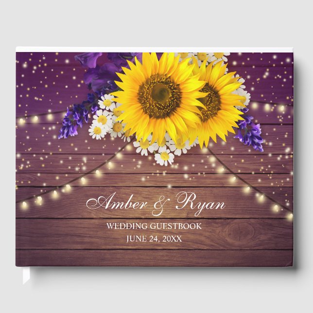 Rustic Purple Yellow Sunflower Floral Country Barn Guest Book (Front)