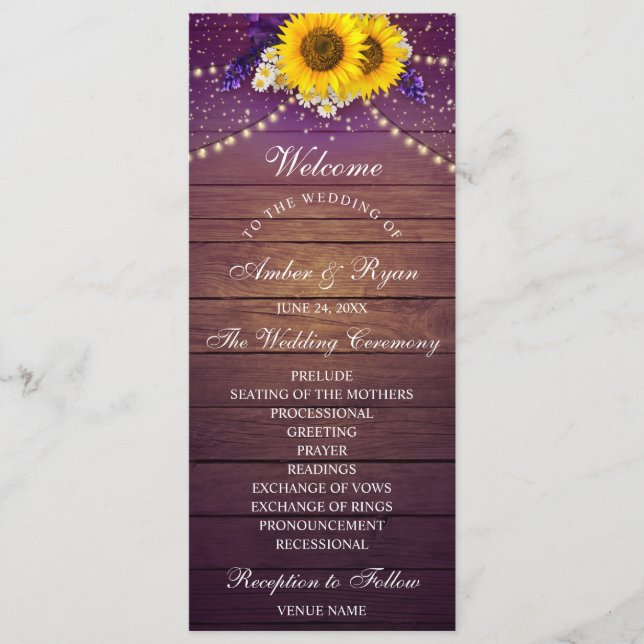 Rustic Purple Yellow Sunflower Floral Country Barn Programme (Front)