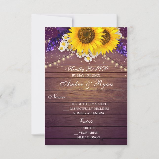 Rustic Purple Yellow Sunflower Floral Country Barn RSVP Card (Front)