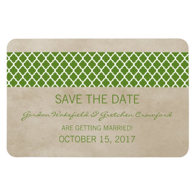Rustic Quatrefoil Save the Date Magnet, Green Magnet (Horizontal)