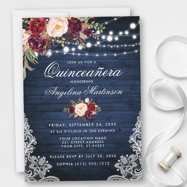 Rustic Quinceanera Blue Wood Burgundy Floral Invitation (Customize to add more text or photos to back of card.)