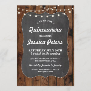 Rustic Quinceanera Party Chalk Wood Lights Invite