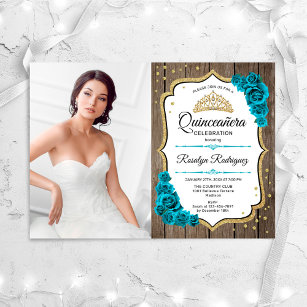 Rustic Quinceanera Party With Photo - Gold Teal Invitation