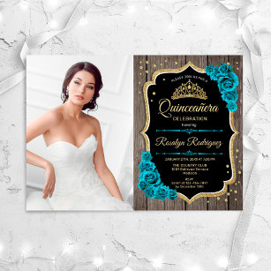 Rustic Quinceanera Party With Photo - Teal Gold Invitation