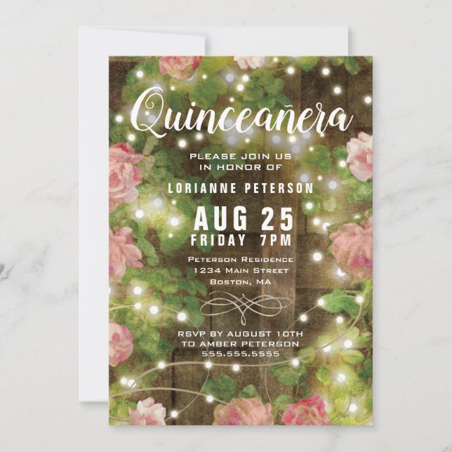 Rustic Quinceañera Pink Floral String Lights Party Invitation (Front)