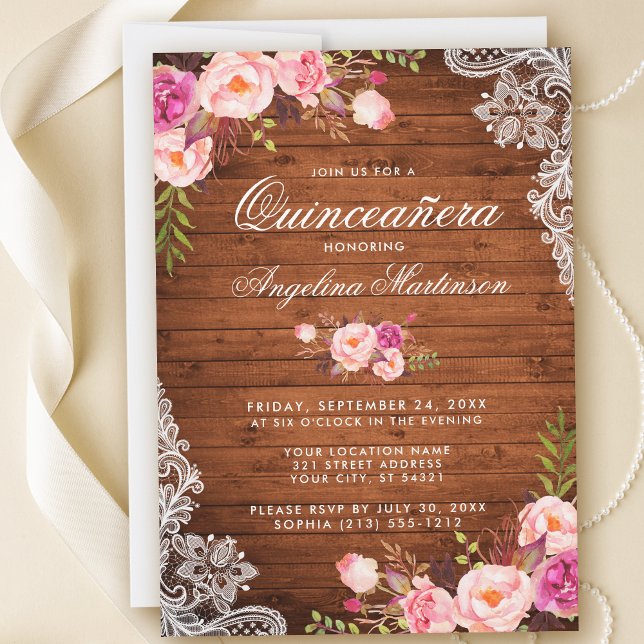 Rustic Quinceanera Wood Lace Pink Floral Invitation (Customize to add more text or photos to back of card.)