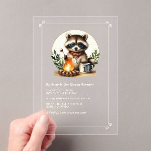 Rustic Racoon “One Happy Camper” 1st Birthday Acrylic Invitations