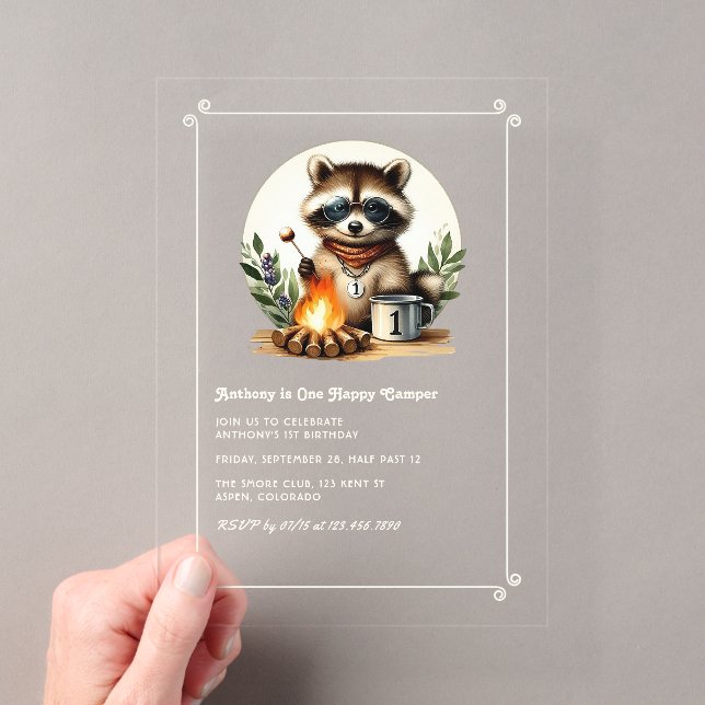 Rustic Racoon “One Happy Camper” 1st Birthday Acrylic Invitations (Insitu (Handheld))