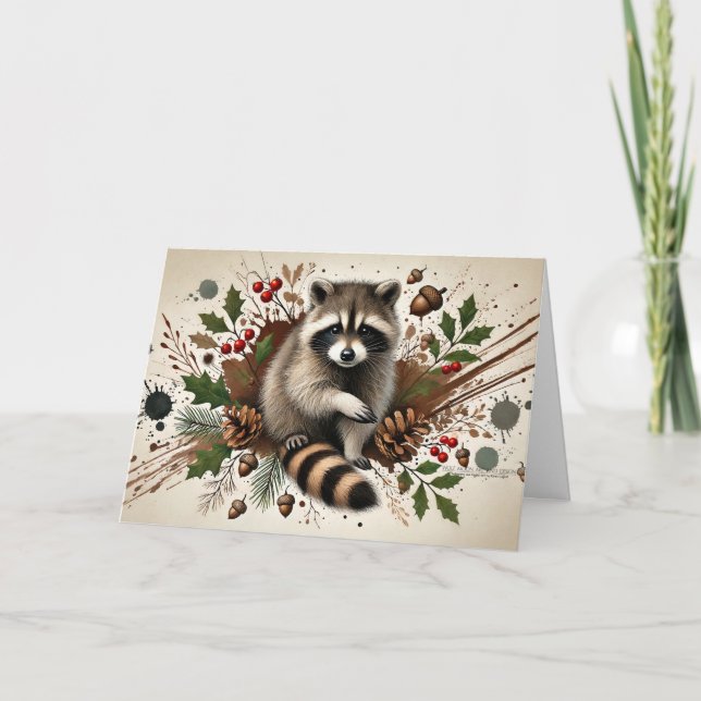Rustic Racoon Pine Cones Holly Berries Acorns 4 Holiday Card (Front)