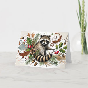 Rustic Racoon Pine Cones Holly Berries Acorns 5 Holiday Card