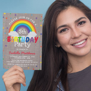 Rustic Rainbow Birthday   Colourful Invitation