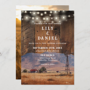 Rustic Ranch Barn Wood String Lights Photo Wedding Invitation