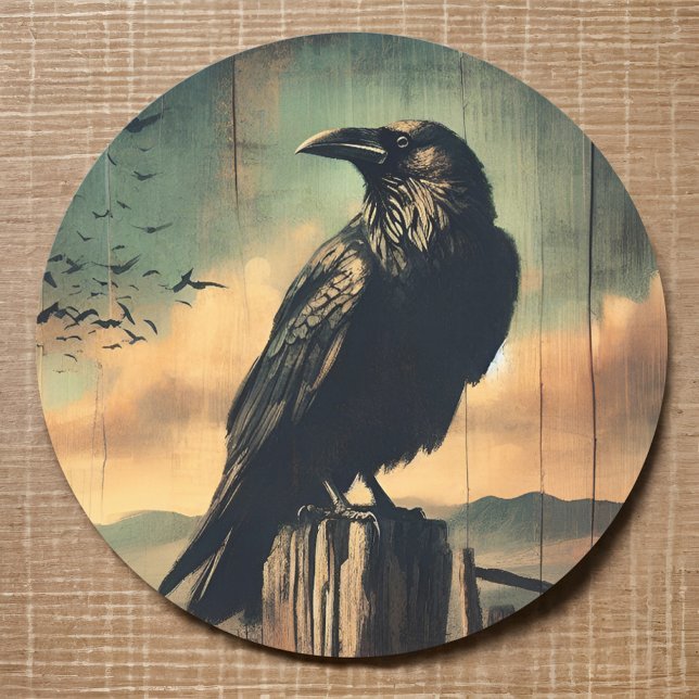 Rustic Raven Ghost Town Desert Sunset Western Bird Classic Round Sticker (Rustic Raven Sticker Ghost Town Desert Sunset Faded Western Landscape Symbolic  of Death, Resilience)